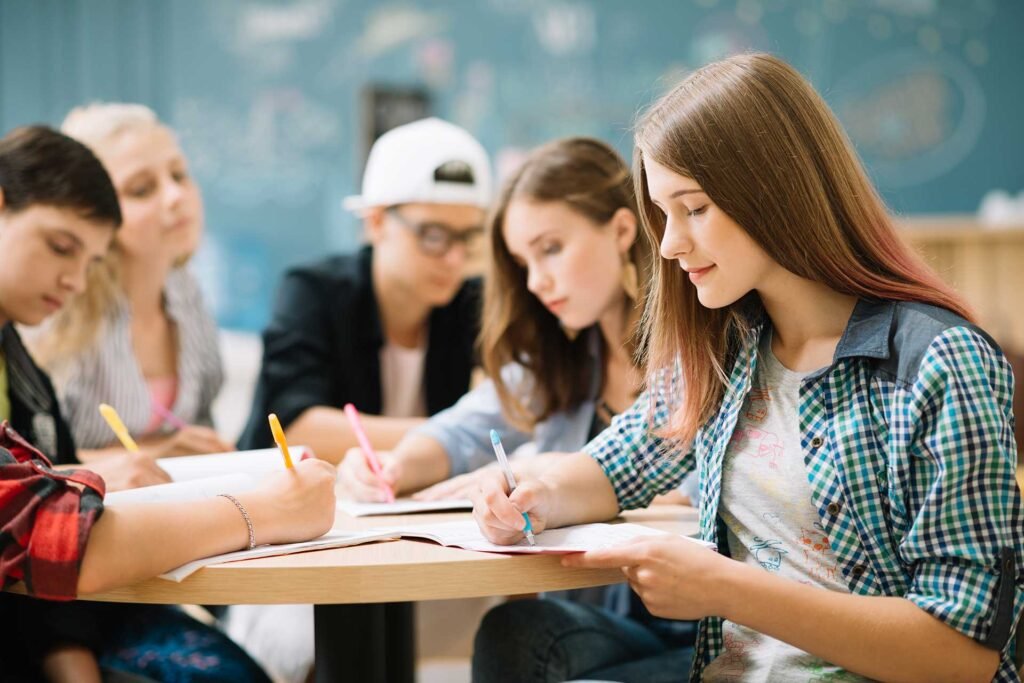 Students studying in an IELTS preparation classroom