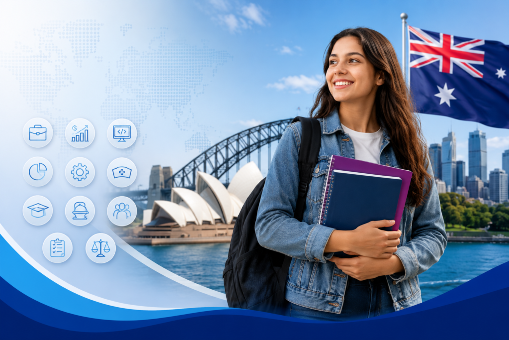 International student with books overlooking Sydney Harbour representing popular courses to study in Australia
